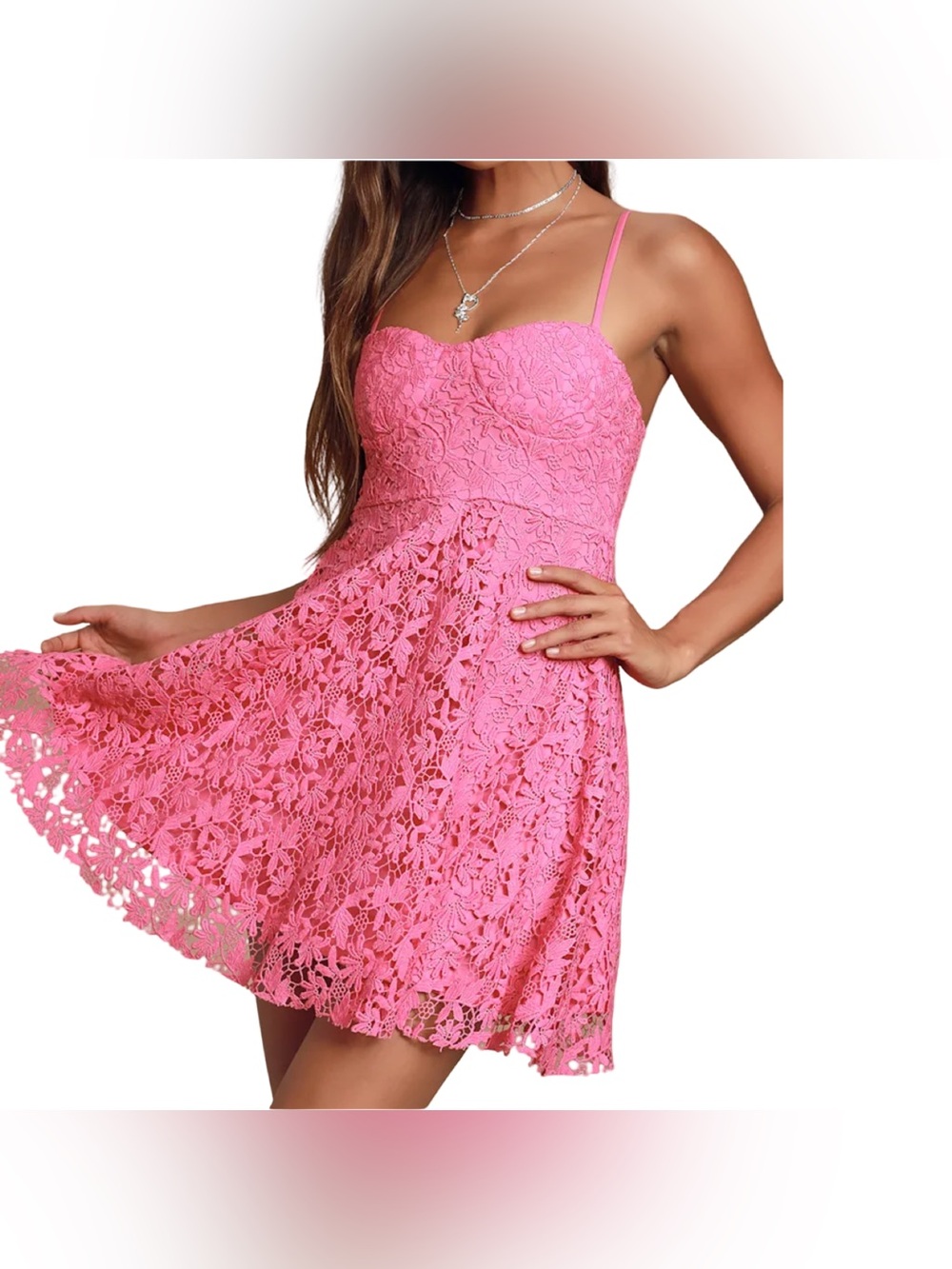 Lulu’s So Into You Hot Pink Crochet Lace Bustier Skater Dress-NWT-Small - Picture 5 of 10